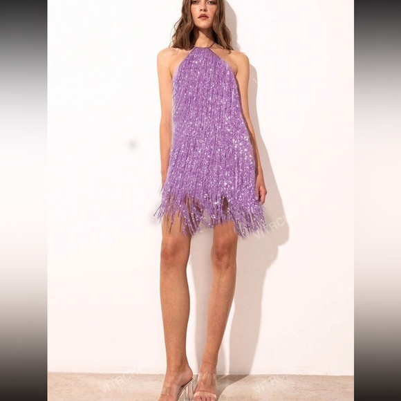 NWOT Fringe Hem Sequin Halter Dress Size 4 Small in Purple - Picture 1 of 6